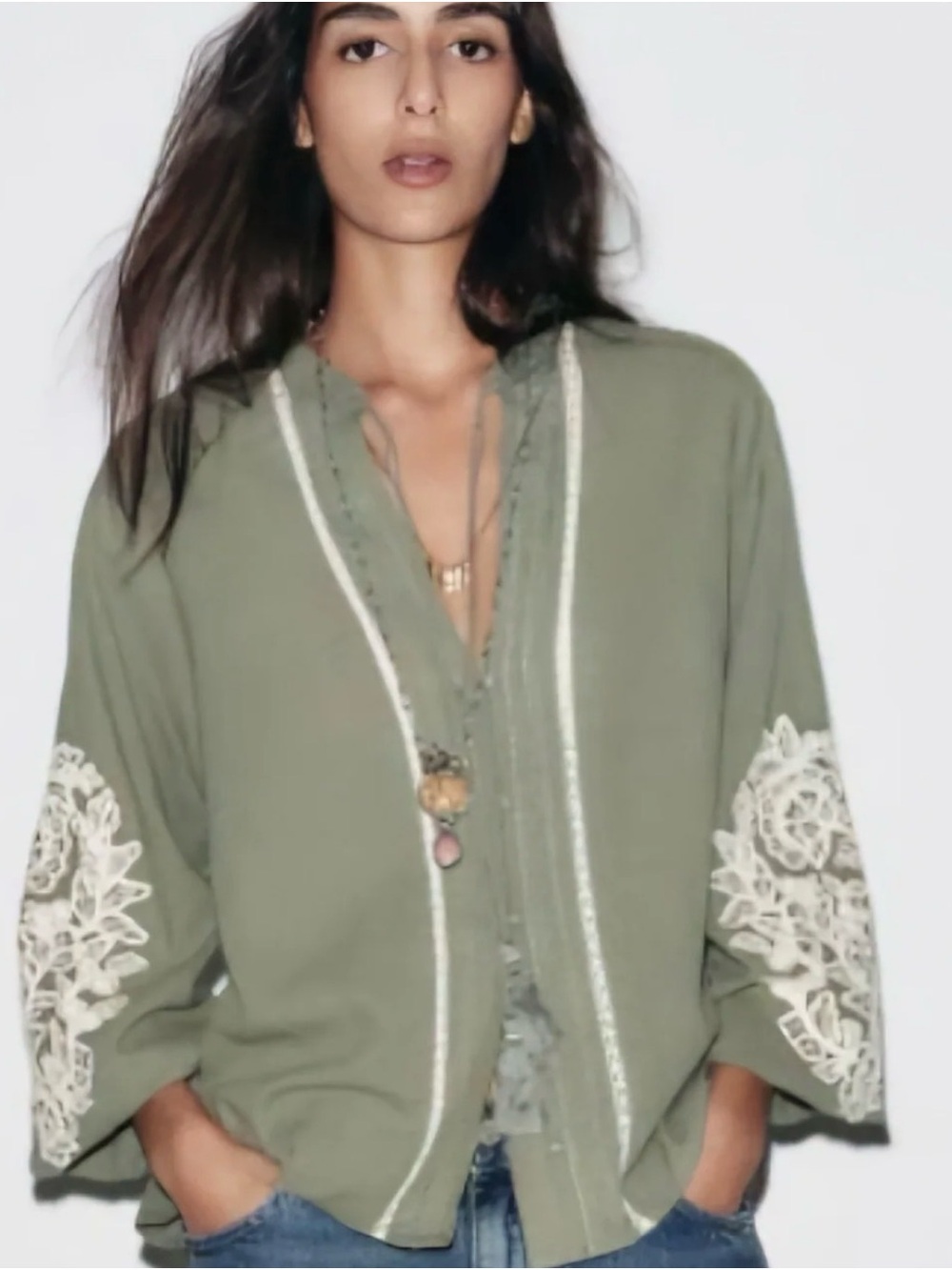 Zara Olive Green Embroidered Sleeve Jacket
